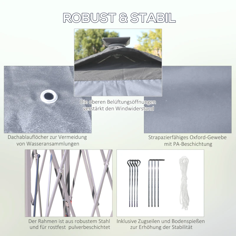 Outsunny Pavillon Faltpavillon mit LED Solar Lichterkette USB-Ladeanschluss Pop-Up-Pavillon 3,3 x 3,3 m Gartenpavillon inkl. Tasche atmungsaktivem Dach Oxford Mesh Grau
