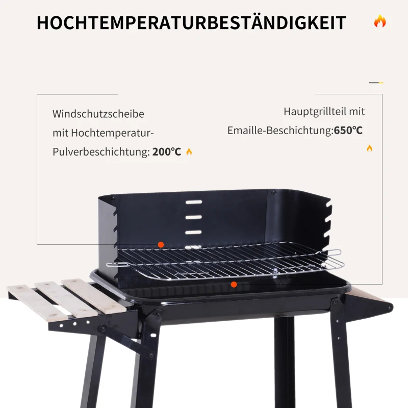 Outsunny Grill na kółkach Grill ogrodowy Grill stojący z ochroną przed wiatrem 2 półki ruszt do grilla z regulacją wysokości metal czarny 83 x 45 x 87 cm