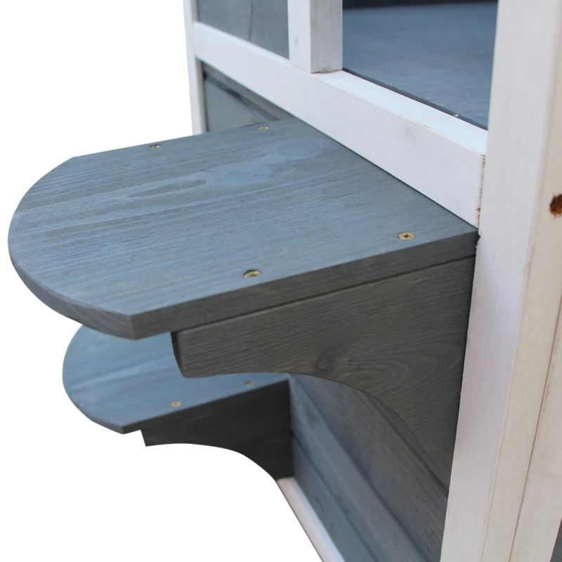 PawHut® kattenhuis 2 verdiepingen kattenvilla met trappen asfaltdak raam vurenhout grijs 51 x 51 x 81,3 cm(m-9)