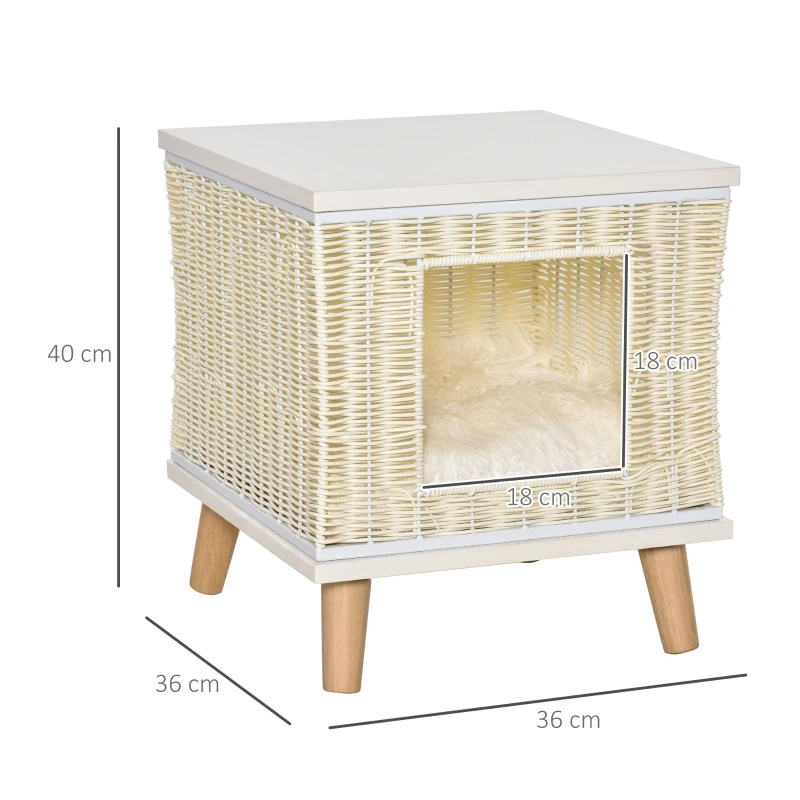 PawHut kattengrot van rotan met kussen kattenslaapplaats natuurlijke nerfkleur rotan kattenmand kattenhuis kattenhut kattenbed huisdierbed PE rotan MDF beige + wit + naturel 36 x 36 x 40 cm