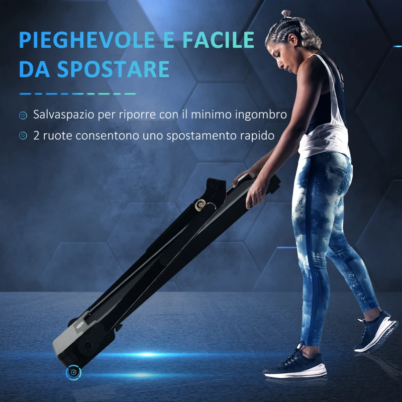 HOMCOM Tapis Roulant Elettrico Pieghevole Salvaspazio con 2 Ruote, 12 Programmi e Chiave di Sicurezza, per Casa e Ufficio, Max 12km/h