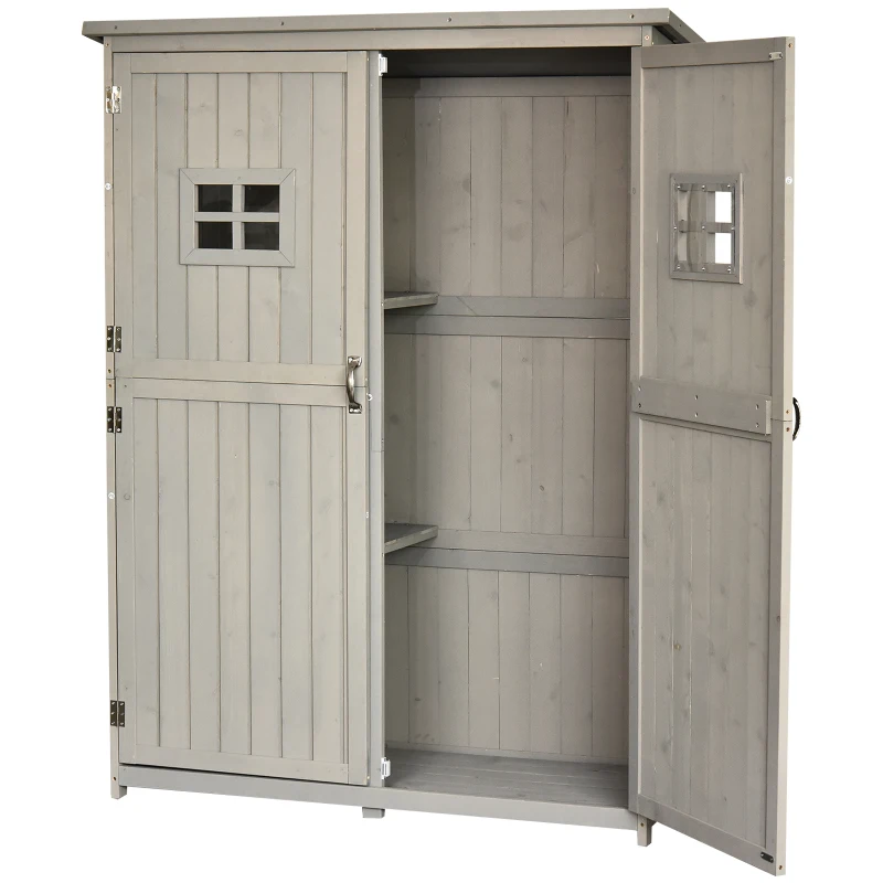 Outsunny szafa ogrodowa drewniana szopa na narzędzia domek narzędziowy szafa na narzędzia dach jednospadowy ogród kolor szary 127,5 x 50 x 164 cm | Aosom
