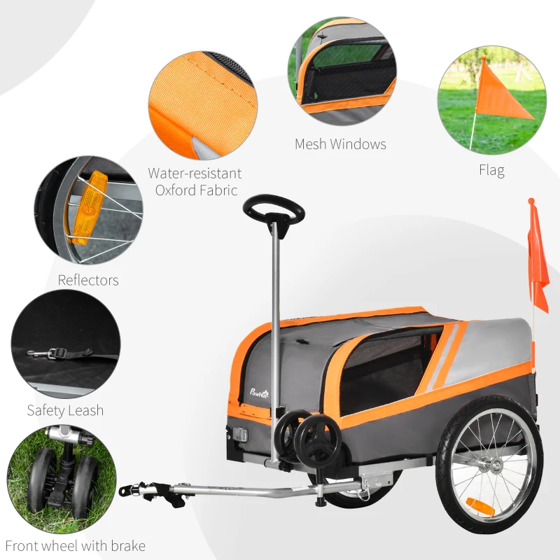 PawHut Dog Bike Trailer 2-in-1 Trolley Stroller Cart Bicycle Carrier for Cat Puppy Travel w/ Reflectors Hitch Coupler Red Flag - Orange