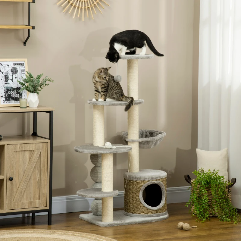 PawHut kattenboom met kattengrot, hangmat en 3 krabpalen 60 cm x 40 cm x 115,5 cm lichtgrijs