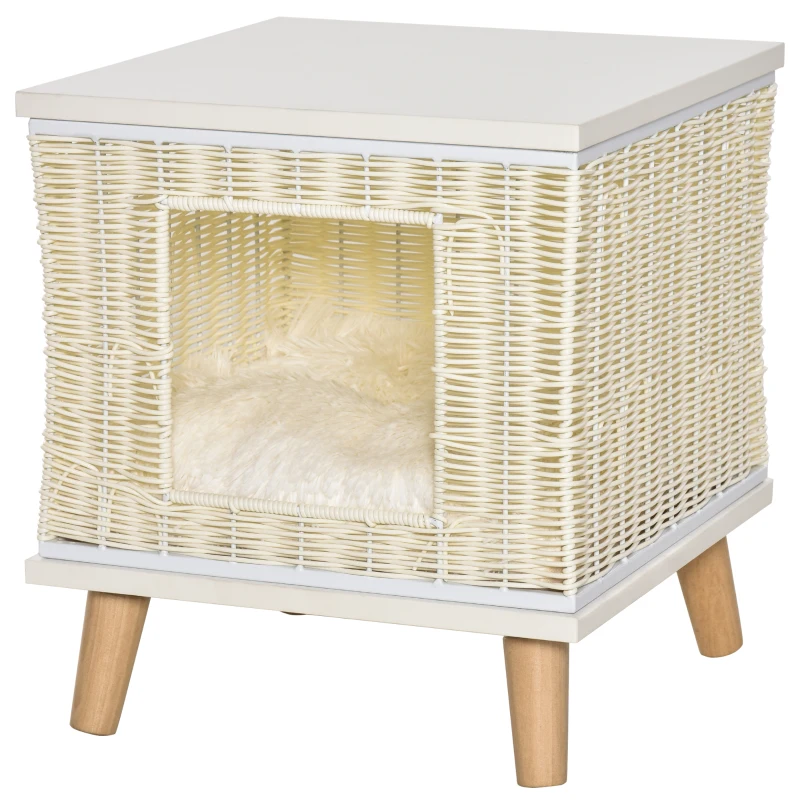 PawHut kattengrot van rotan met kussen kattenslaapplaats natuurlijke nerfkleur rotan kattenmand kattenhuis kattenhut kattenbed huisdierbed PE rotan MDF beige + wit + naturel 36 x 36 x 40 cm