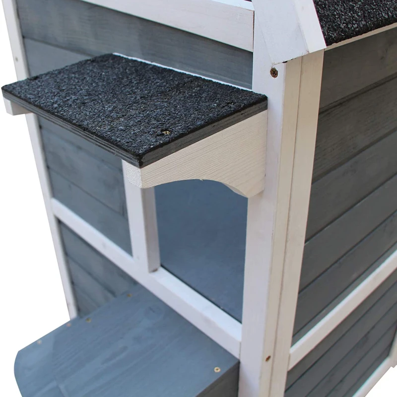 PawHut® kattenhuis 2 verdiepingen kattenvilla met trappen asfaltdak raam vurenhout grijs 51 x 51 x 81,3 cm(m-8)