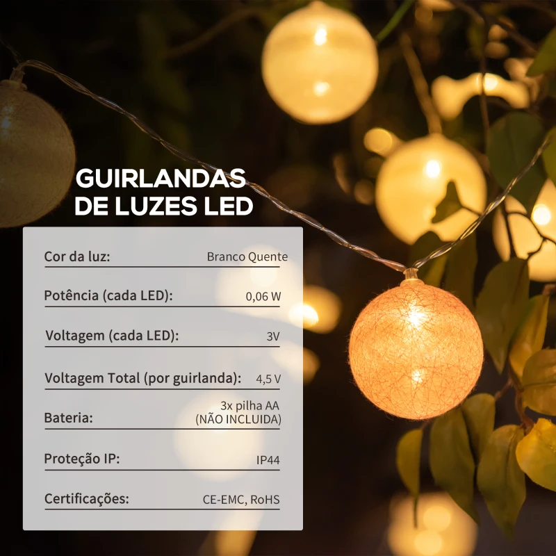 Outsunny 4 Grinaldas de Luzes LED de 5,3m com 20 Bolas com Ecrã de Algodão Luzes Branco Quente para Decoração de Interiores e Exteriores