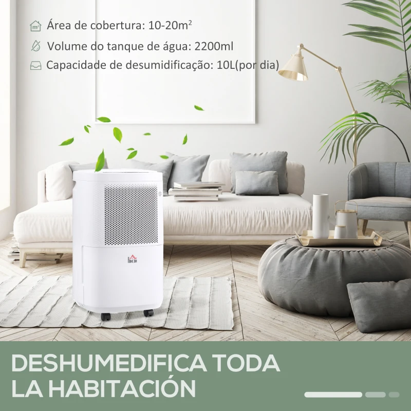 HOMCOM Desumidificador Elétrico 2200ml 10L/dia Silencioso Controlo com APP e Wifi 6 Modos Ecrã LED e Rodas 28x24x50cm Branco