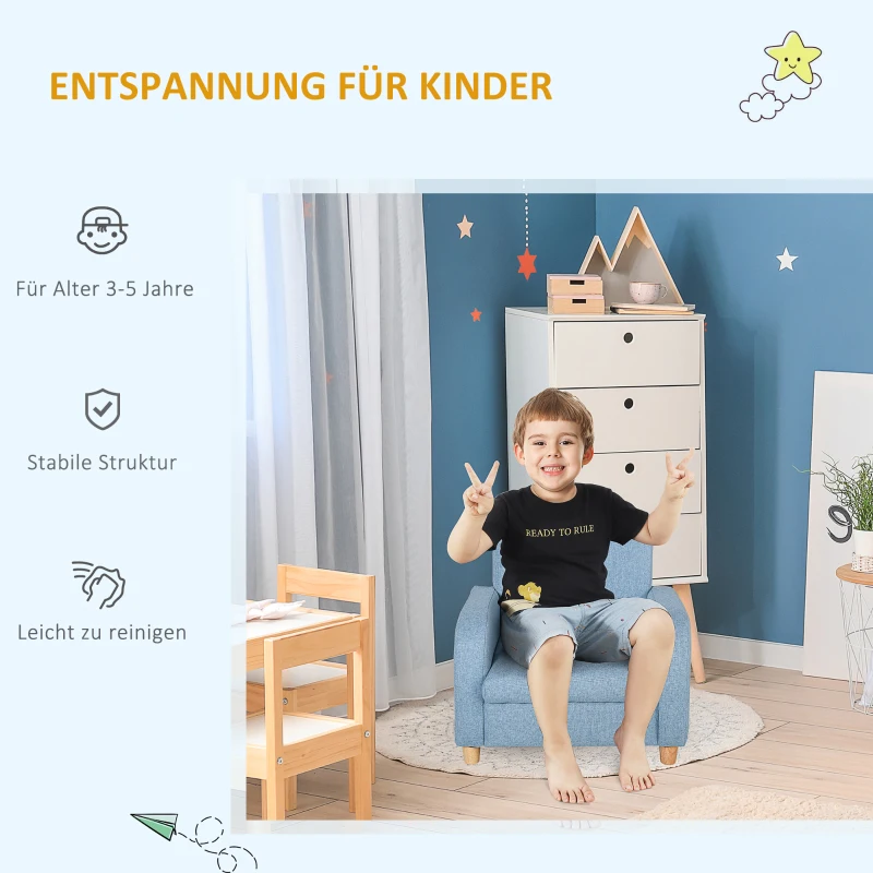 HOMCOM Kindersessel Kindersofa mit Leinen-Optik, massiven Holzfüßen Sessel aus Schaumstoff Kinderstuhl für Kinderzimmer, Spielzimmer, 49 x 45 x 44 cm, für Kinder 3-5 Jahre Blau
