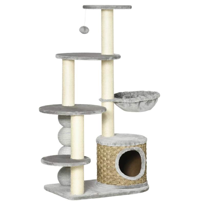 PawHut kattenboom met kattengrot, hangmat en 3 krabpalen 60 cm x 40 cm x 115,5 cm lichtgrijs