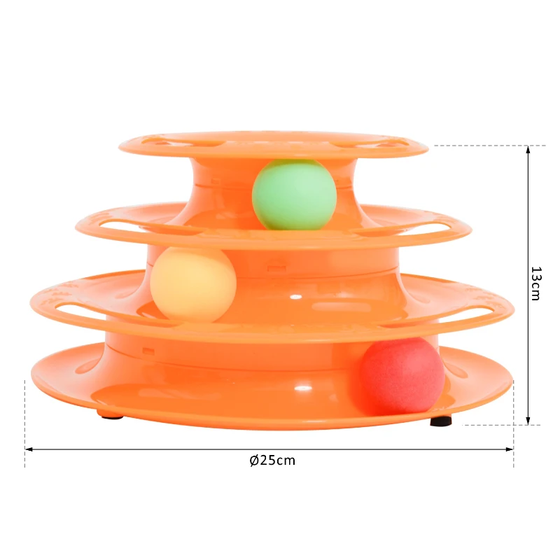 PawHut Katzen Spielturm Spielzeug Kugelbahn Kreisel mit 3 Bällen 3 Etagen Kunststoff Orange L25 x B16 x H13cm