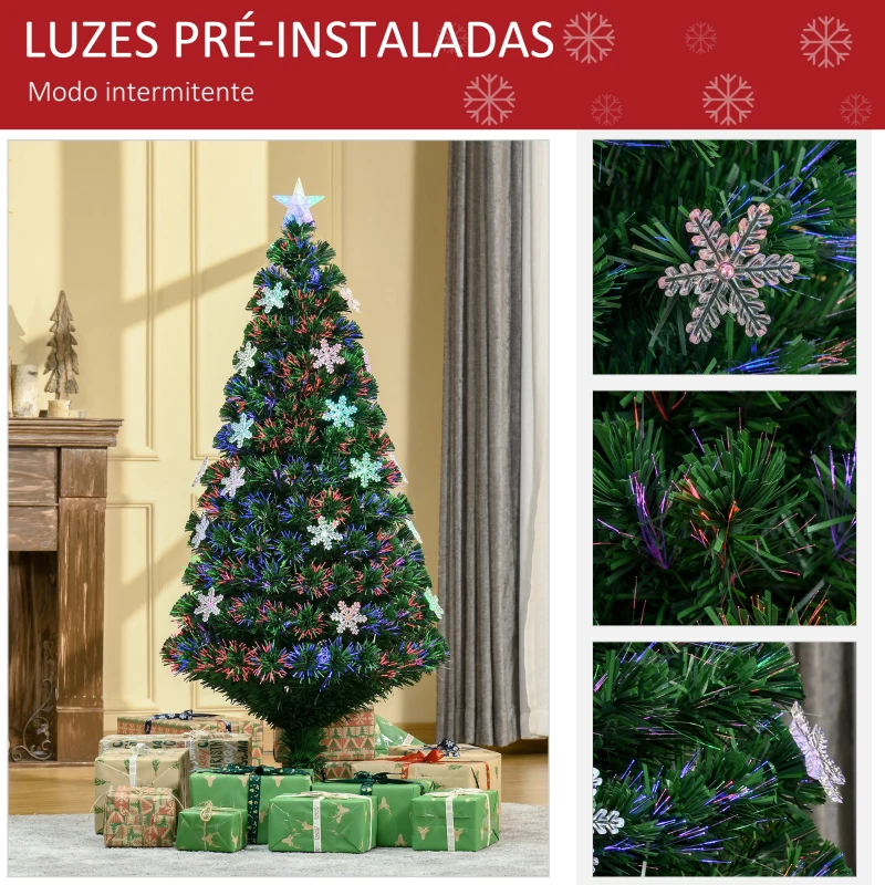 HOMCOM Árvore de Natal Artificial 150 cm Árvore de Natal com 180 Ramos 21 Luzes LED e Fibra Óptica Decoração de Natal Ø60x150 cm Verde