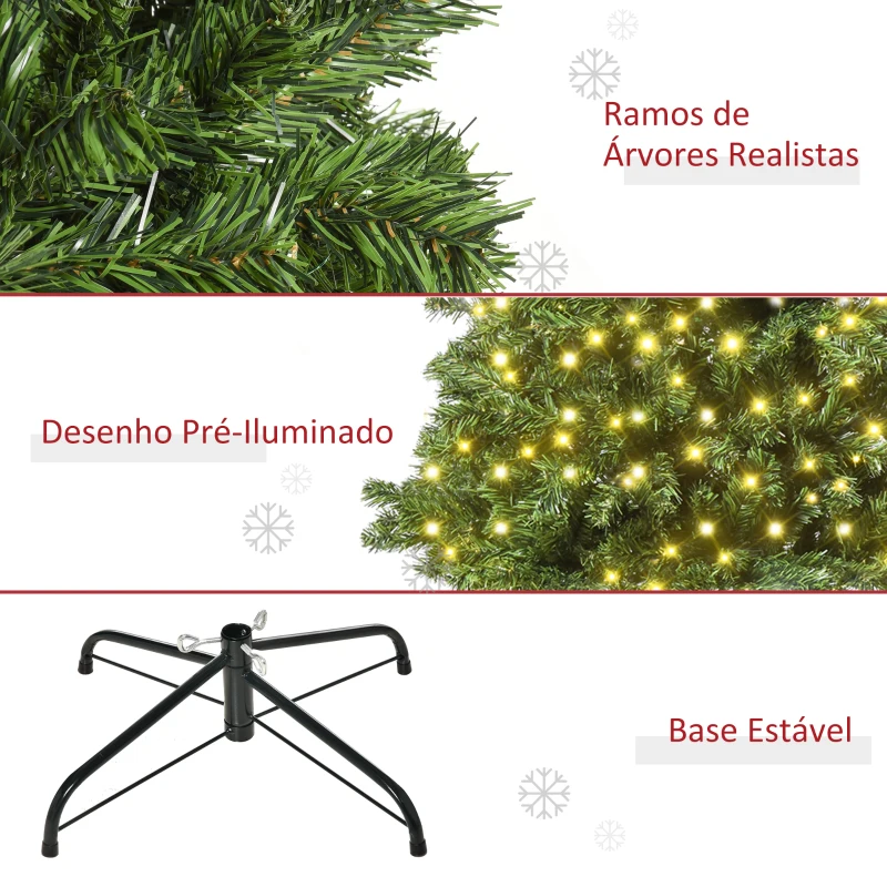 HOMCM Árvore de Natal Artificial com 490 Ramos 170 Luzes LED e Base Dobrável de Metal para Interior Ø75x150 cm Verde
