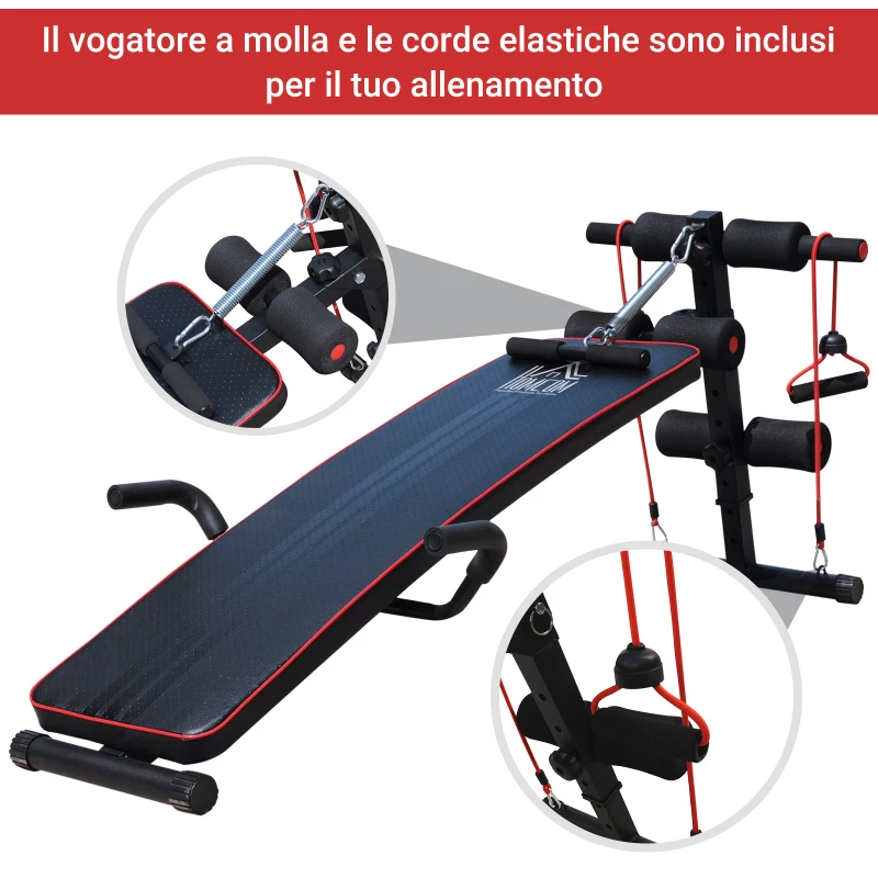 HOMCOM Panca Multifunzione con Vogatore a Molla e Schienale Regolabile e 2 Corde Elastiche, 55.5x137.5 cm Nero