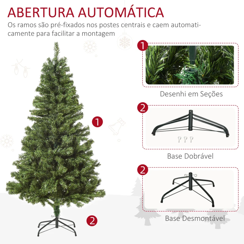 HOMCM Árvore de Natal Artificial com 490 Ramos 170 Luzes LED e Base Dobrável de Metal para Interior Ø75x150 cm Verde