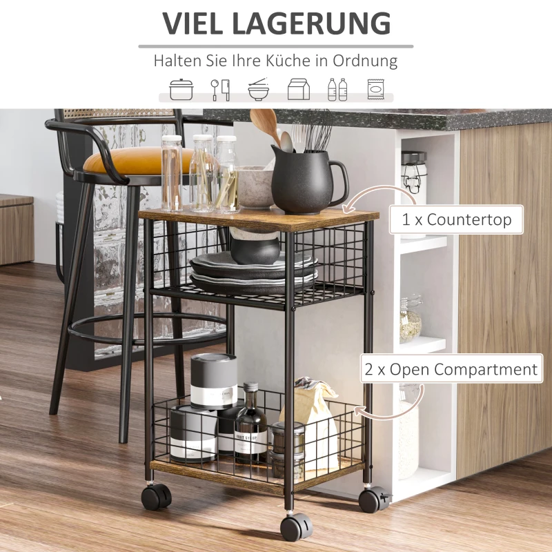 HOMCOM keukenwagen met industrieel ontwerp, 1 plank, 1 opbergmand, 4 wielen, 40 cm x 30 cm x 62 cm, staal zwart + bruin
