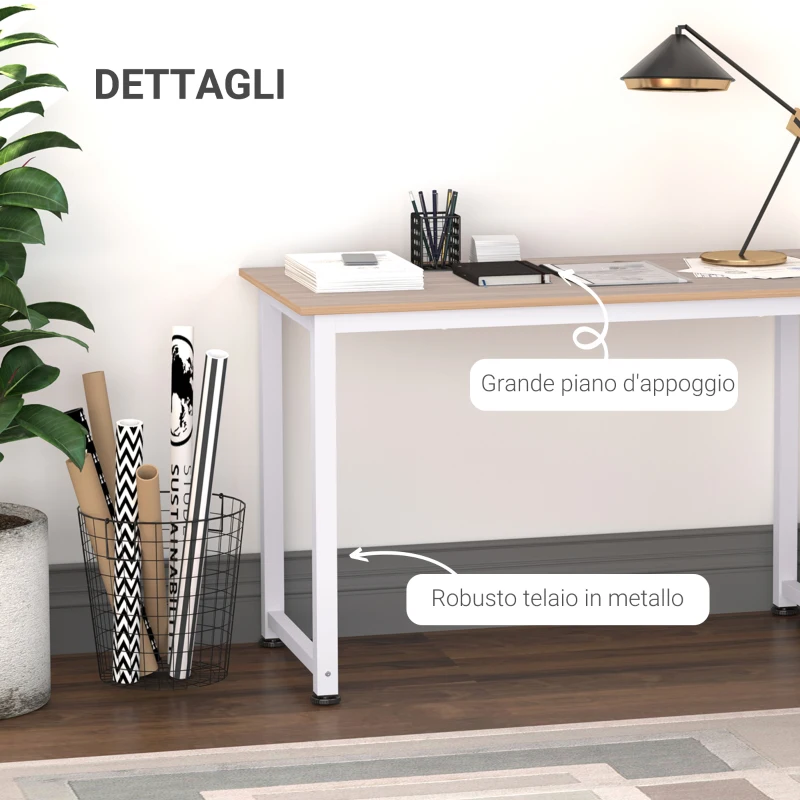 HOMCOM Scrivania Moderna per Computer con Gambe Regolabili e Struttura in MDF e Metallo, Tavolo da Pranzo 120x60x76 cm, Bianco e color Legno