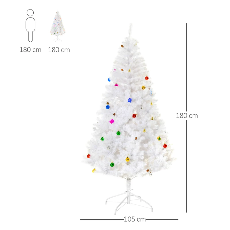 HOMCOM Árvore de Natal Artificial 180cm com 930 Ramos de PVC 48 Decorações Incluidas Decoração de Natal Ø105x180cm Branco