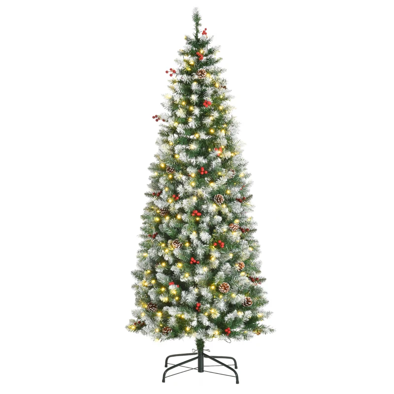 HOMCOM Árvore de Natal Nevada Artificial 180cm com 300 Luzes LED Branco Quente 618 Ramos Ignífugos de PVC Decorações Incluidadas e Base Dobrável Ø65x180cm Verde
