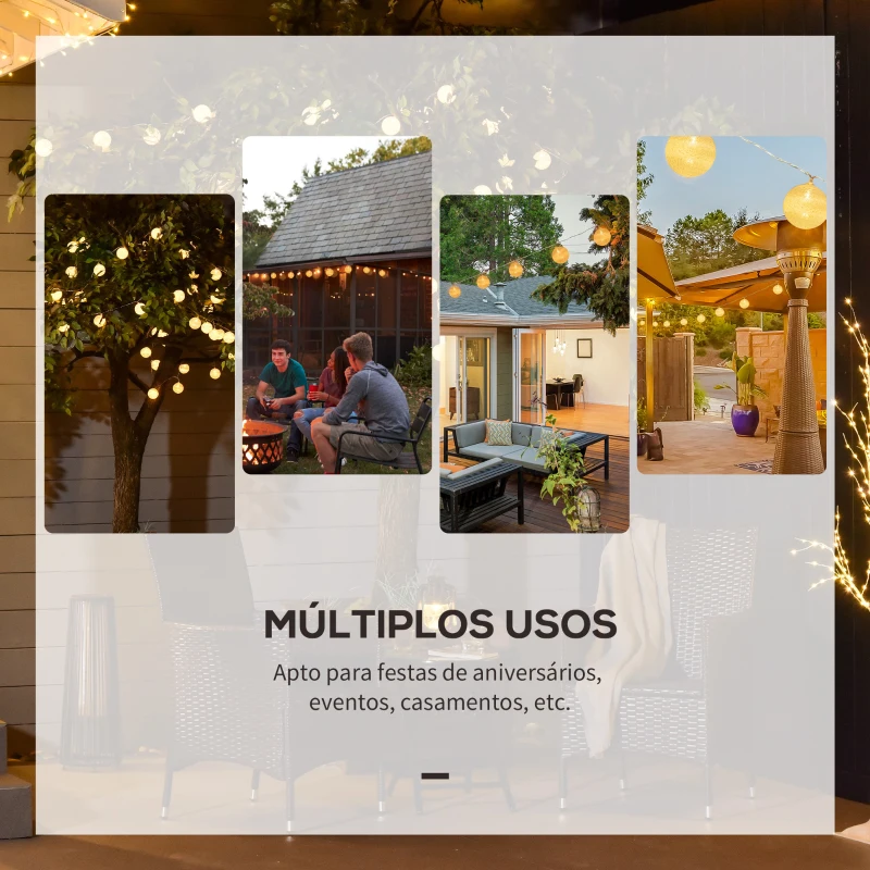 Outsunny 4 Grinaldas de Luzes LED de 5,3m com 20 Bolas com Ecrã de Algodão Luzes Branco Quente para Decoração de Interiores e Exteriores