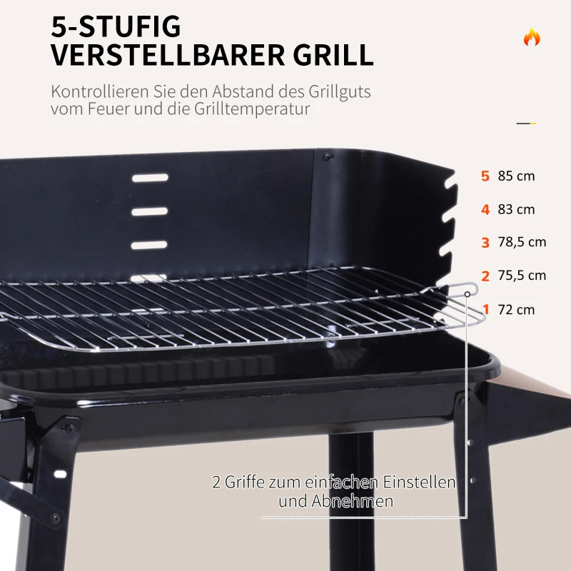 Outsunny Grill na kółkach Grill ogrodowy Grill stojący z ochroną przed wiatrem 2 półki ruszt do grilla z regulacją wysokości metal czarny 83 x 45 x 87 cm