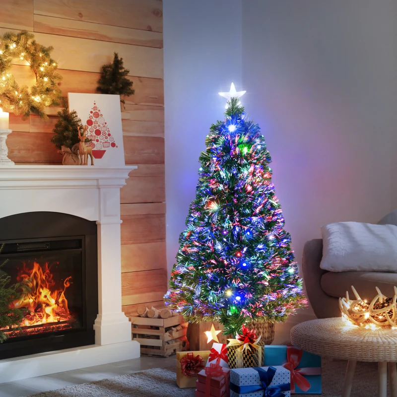 HOMCOM Árvore de Natal 120 cm Árvore de Natal Artificial com 130 Ramos 16 Luzes LED e Fibra Óptica Ø60x120 cm Verde
