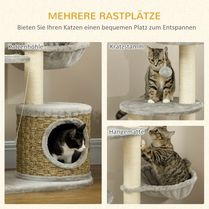 PawHut kattenboom met kattengrot, hangmat en 3 krabpalen 60 cm x 40 cm x 115,5 cm lichtgrijs