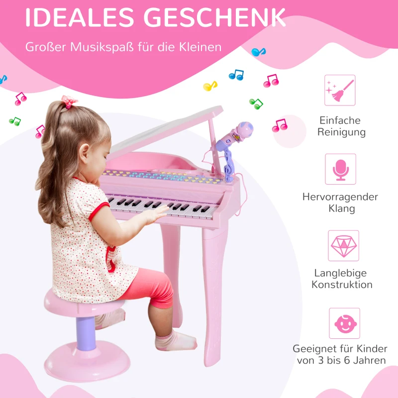 HOMCOM Kinderpiano piano keyboard muziekinstrument MP3 USB 37 toetsen met kruk(m-4)