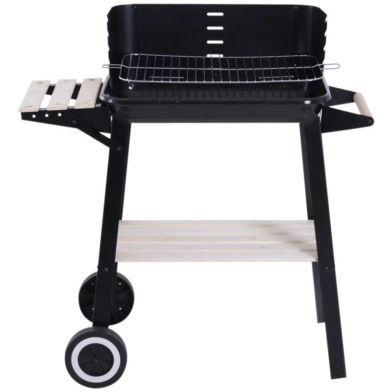 Outsunny Grill na kółkach Grill ogrodowy Grill stojący z ochroną przed wiatrem 2 półki ruszt do grilla z regulacją wysokości metal czarny 83 x 45 x 87 cm