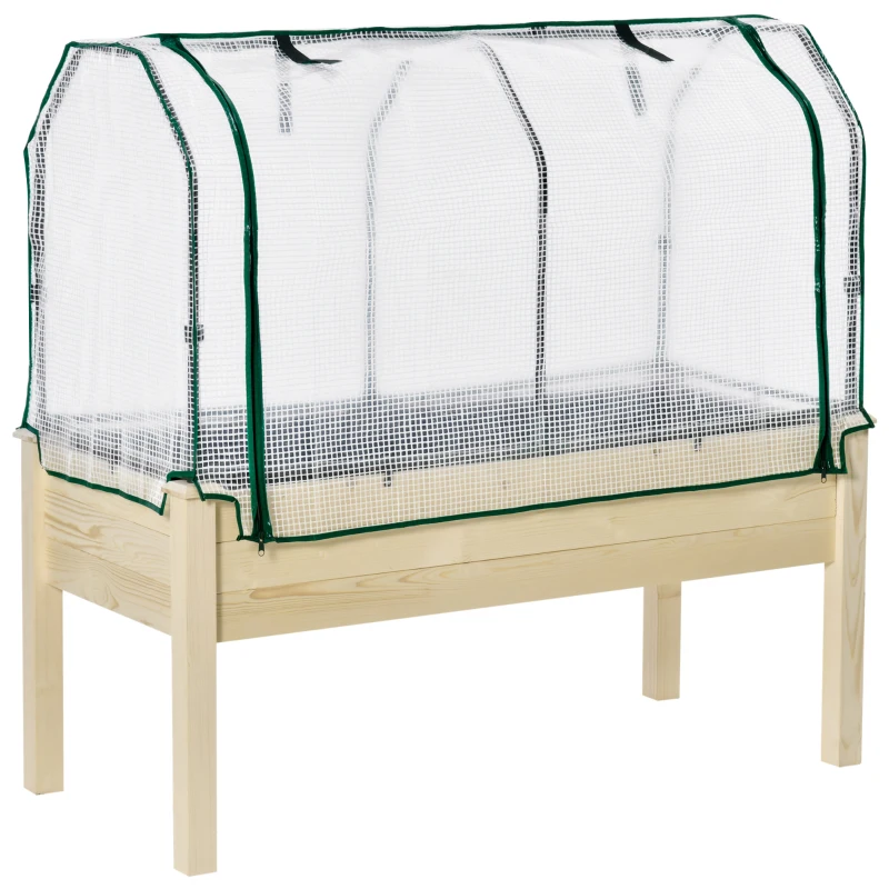 Outsunny Verhoogd Bed, Oprolbare Folieafdekking, Natuurlijk Houten Frame, Stofvoering, Afvoeropeningen, 121 x 55 x 117cm