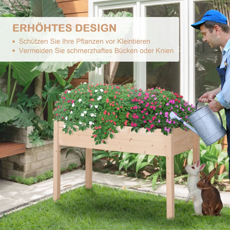 Outsunny Hochbeet, Pflanzkasten, Blumenkasten, Blumentopf, Kräuterbeet mit Abflusslöchern, Vliesstofftuch, Massivholz Natur 122,5 x 56,5 x 76 cm
