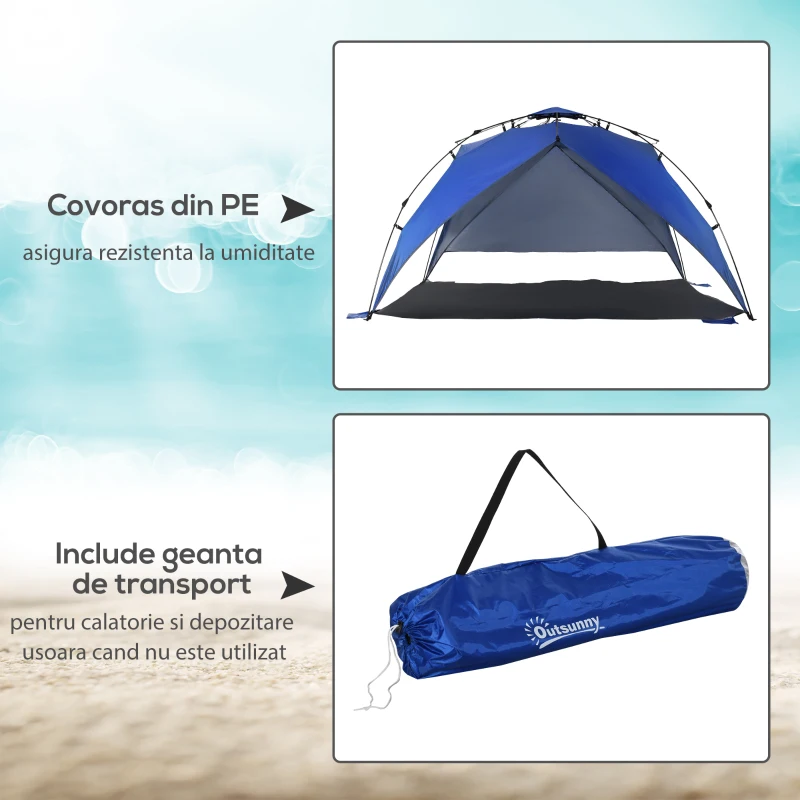 Outsunny Cort Plaja Pop-Up – Poliester Albastru cu Paleti & Funii