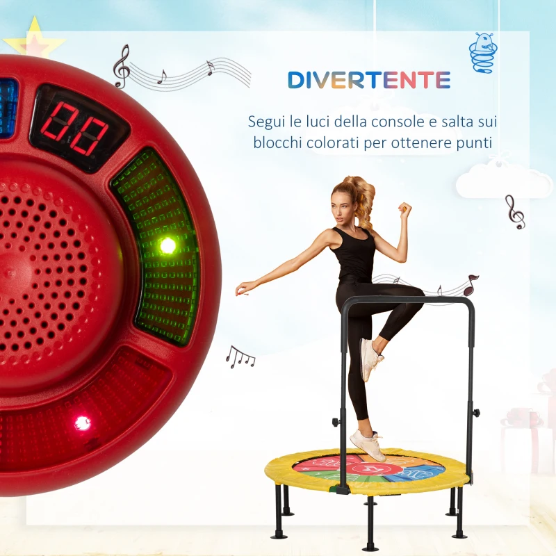 HOMCOM Trampolino Elastico Pieghevole con Manubrio e Tappeto da Ballo, per Fitness e Gioco, Փ102x89-114cm