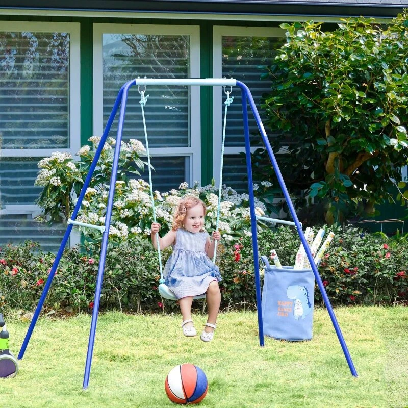 Outsunny Baloiço de Metal para Crianças acima de 3 Anos Conjunto de Baloiço com Assento e Corda Infantil para Pátio Jardim Carga Máx. 30 kg 140x120x170 cm Azul