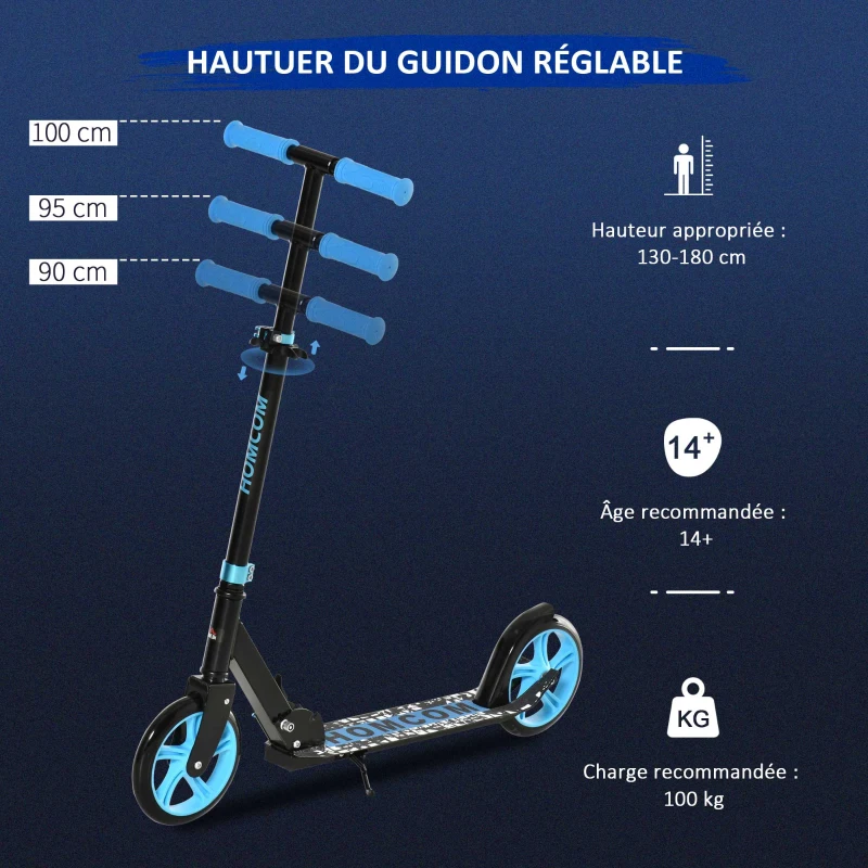 HOMCOM Trottinette Pliable Adulte Enfant à partir de 14 Ans béquille Frein à Friction arrière Hauteur Guidon réglable 3 niv. Roues à 20 cm alu. métal Noir Bleu