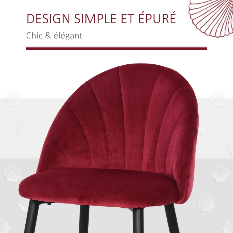 HOMCOM Lot de 2 chaises de salle à manger chaise de cuisine Velours Bordeaux Pieds métal Noir dim. 52L x 54l x 79H cm