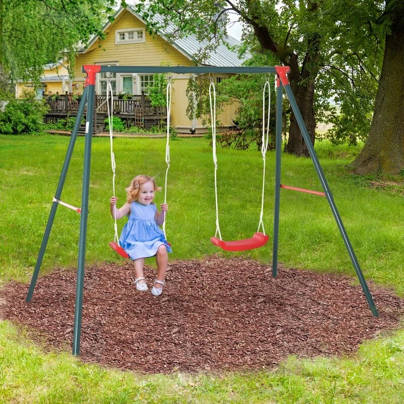 Outsunny Conjunto de Baloiços para Crianças com Suporte de Metal e Corda Ajustável 220x160x180 cm Verde e Vermelho