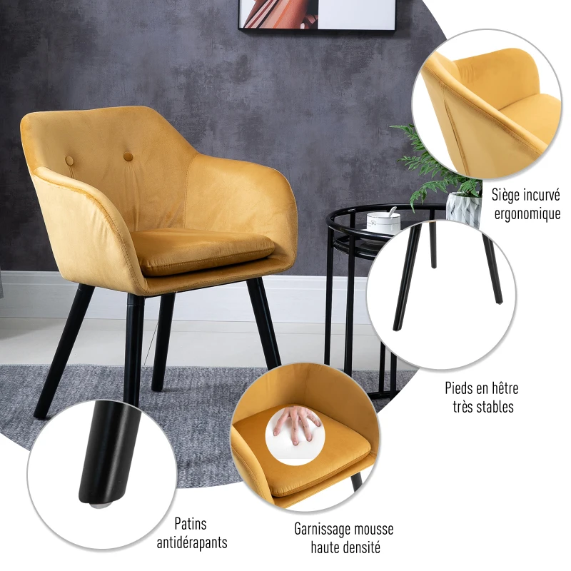 HOMCOM Chaises de salle à manger chaise de cuisine chaises de salon scandinave - Lot de 2 - Pieds effilés Bois Noir - Velours Jaune Moutarde(m-5)