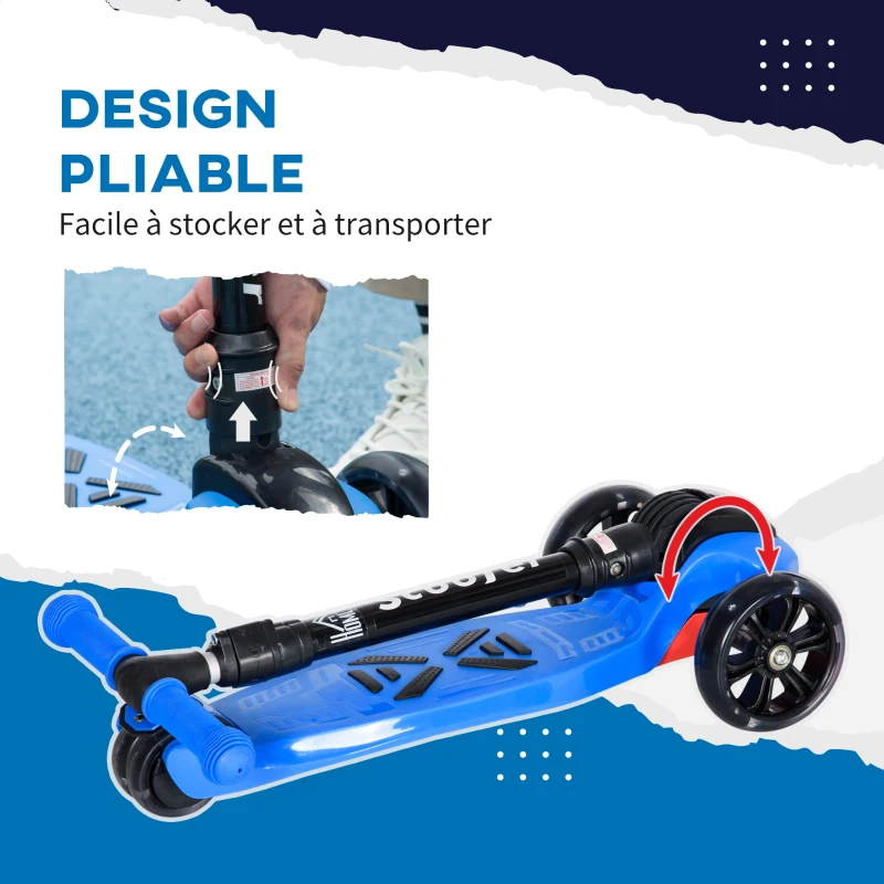 HOMCOM Trottinette enfant pliable - 3 roues lumineuses LED - hauteur guidon réglable - frein à friction arrière - métal PP pour enfants de 3 à 8 ans bleu
