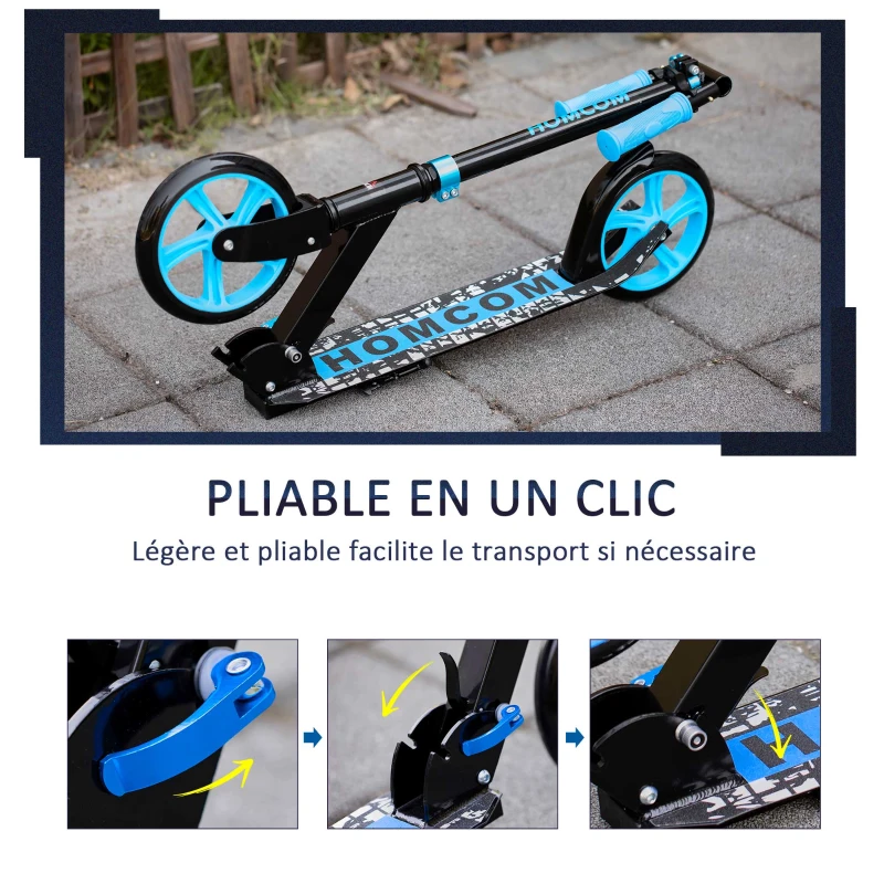 HOMCOM Trottinette Pliable Adulte Enfant à partir de 14 Ans béquille Frein à Friction arrière Hauteur Guidon réglable 3 niv. Roues à 20 cm alu. métal Noir Bleu