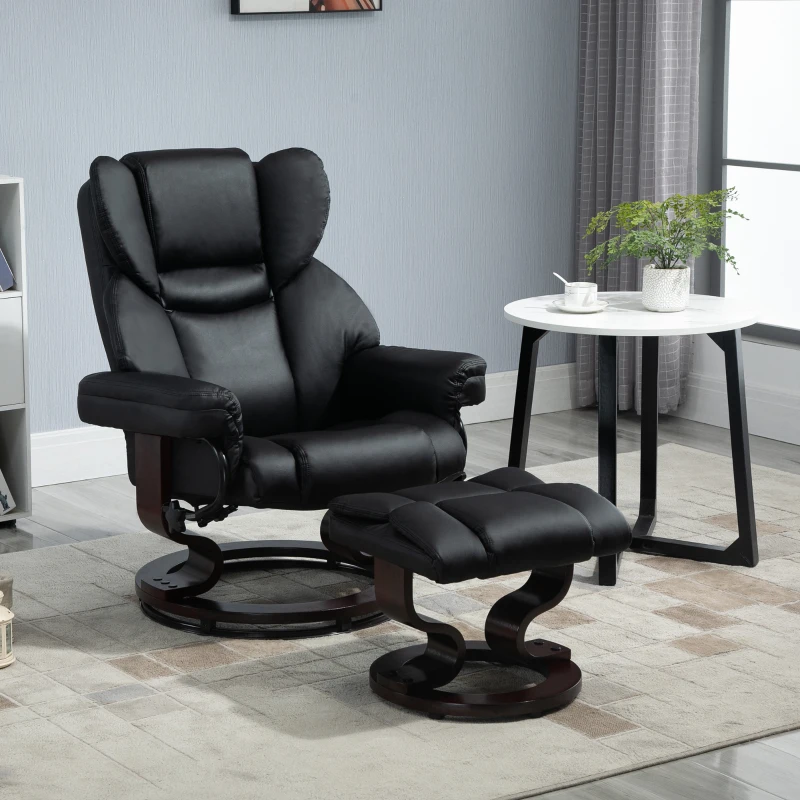 HOMCOM Faux Leather Recliner Chair and Footstool, Swivel Upholstered Armchair and Footstool with Adjustable Backrest, Solid Wood Base for Living Room, Black