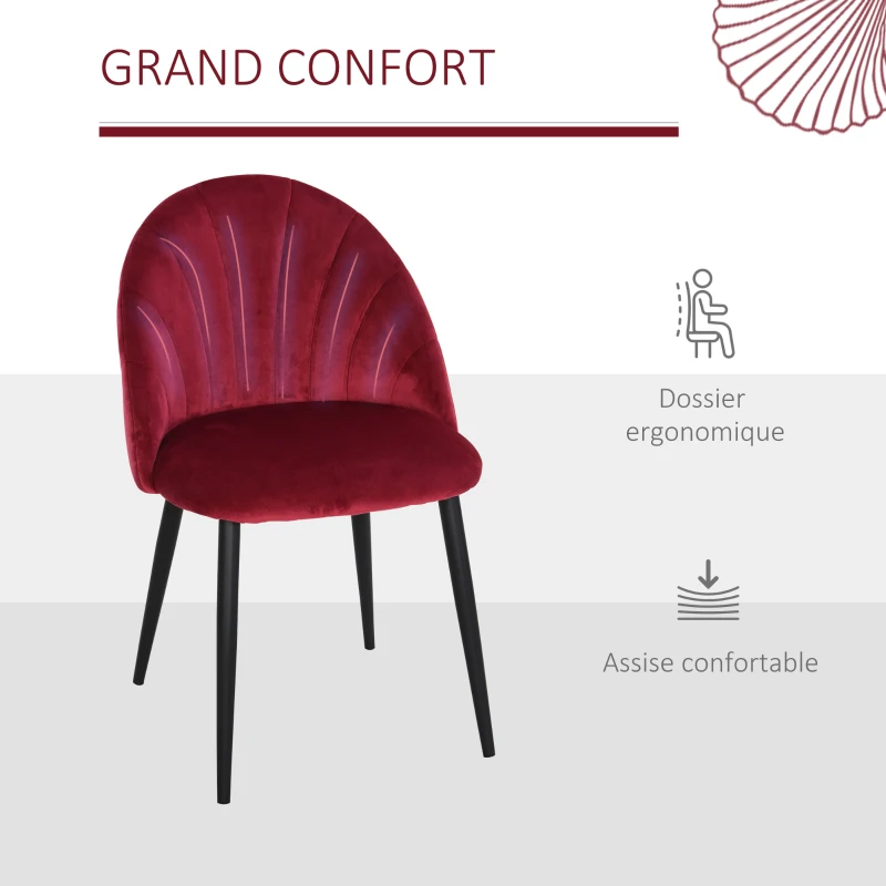 HOMCOM Lot de 2 chaises de salle à manger chaise de cuisine Velours Bordeaux Pieds métal Noir dim. 52L x 54l x 79H cm