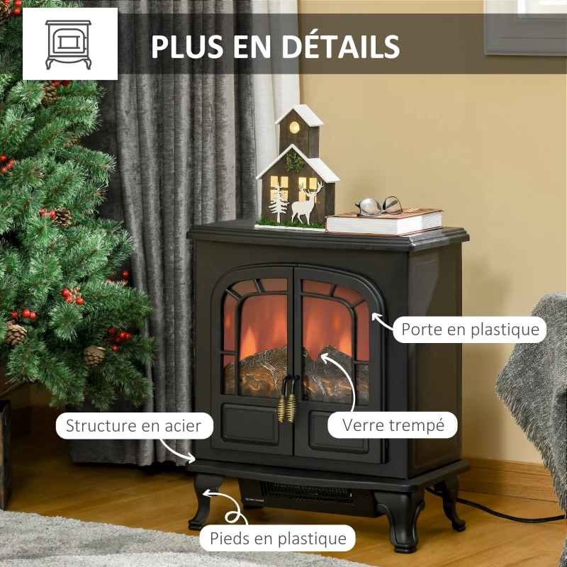 HOMCOM Cheminée électrique poêle Style néo-rétro 2 Portes Verre trempé 1000/2000 W LED luminosité réglable Acier ABS Noir