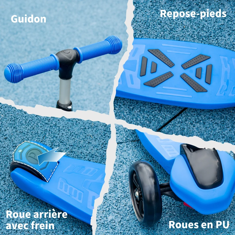 HOMCOM Trottinette enfant pliable - 3 roues lumineuses LED - hauteur guidon réglable - frein à friction arrière - métal PP pour enfants de 3 à 8 ans bleu