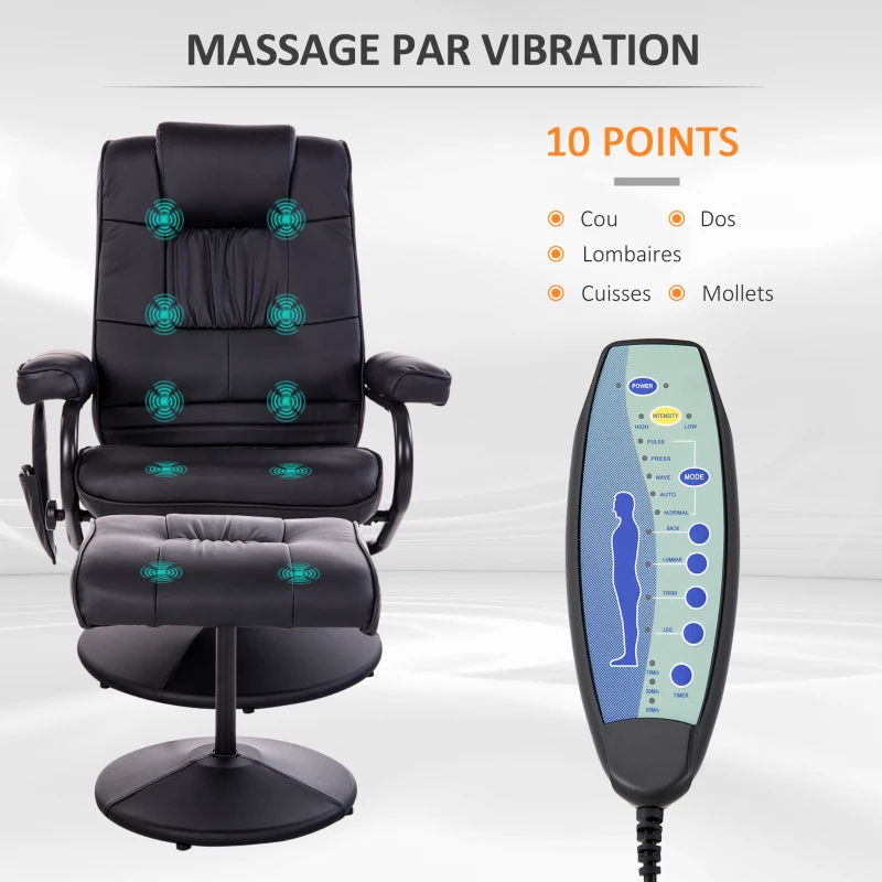 HOMCOM Fauteuil de Massage et Relaxation électrique pivotant inclinable avec Repose-Pied revêtement synthétique Noir