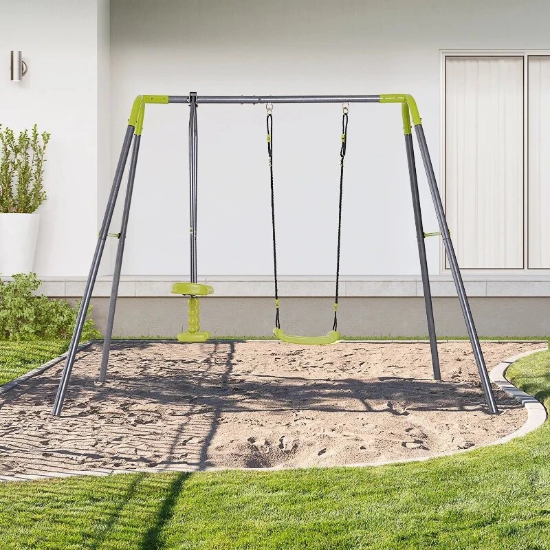 HOMCOM Conjunto de Baloiço Infantil ao Ar Livre com Balanço e Planador Baloiço de Jardim para Crianças acima de 3 anos 245x138x180cm Cinza e Verde