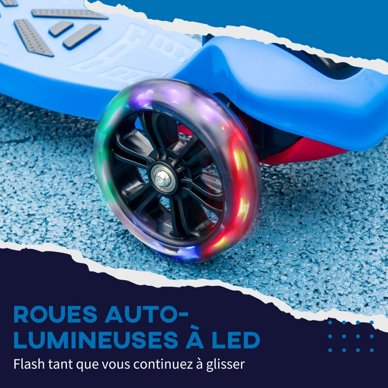 HOMCOM Trottinette enfant pliable - 3 roues lumineuses LED - hauteur guidon réglable - frein à friction arrière - métal PP pour enfants de 3 à 8 ans bleu