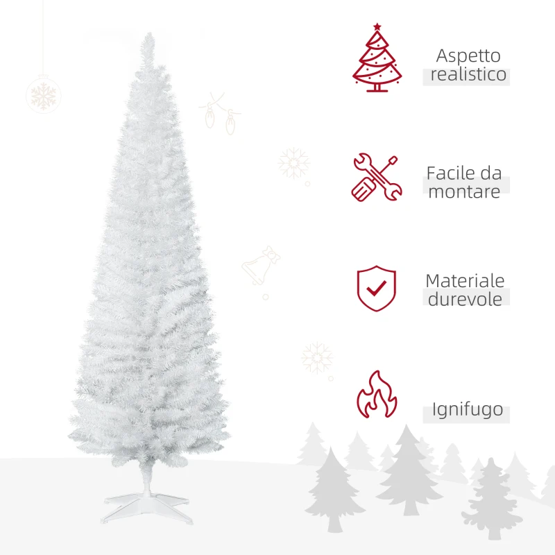 HOMCOM Albero di Natale Slim Artificiale 180 cm con Rami Realistici, Albero di Natale Alto e Stretto con Base Pieghevole, Bianco