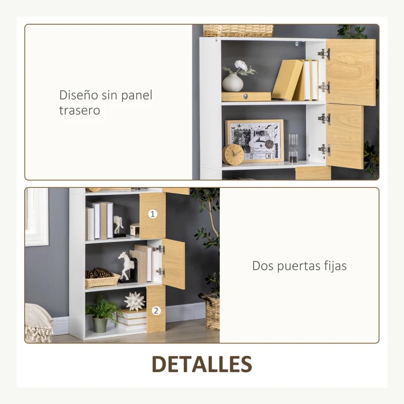 HOMCOM Estantería con 5 Estantes con Puertas Asimétricas Librería para Salón Dormitorio 63x22x166 cm Blanco y Natural