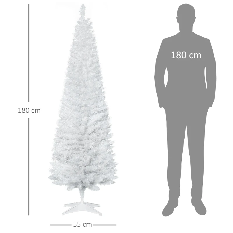 HOMCOM Albero di Natale Slim Artificiale 180 cm con Rami Realistici, Albero di Natale Alto e Stretto con Base Pieghevole, Bianco